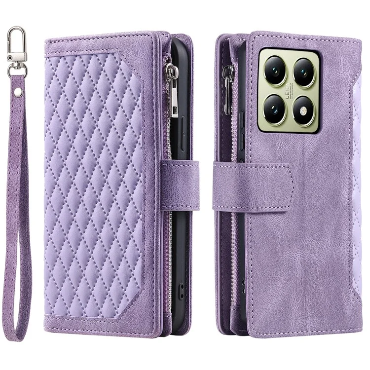Style 005 For Xiaomi 14T Phone Case Rhombus Stitching Line PU Leather Wallet Cover - Purple