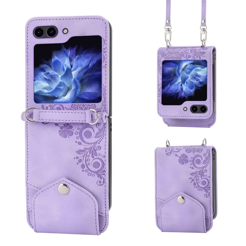 For Samsung Galaxy Z Flip7 FE 5G / Z Flip6 5G Leather Case Multiple Card Slots Phone Cover with Shoulder Strap - Purple