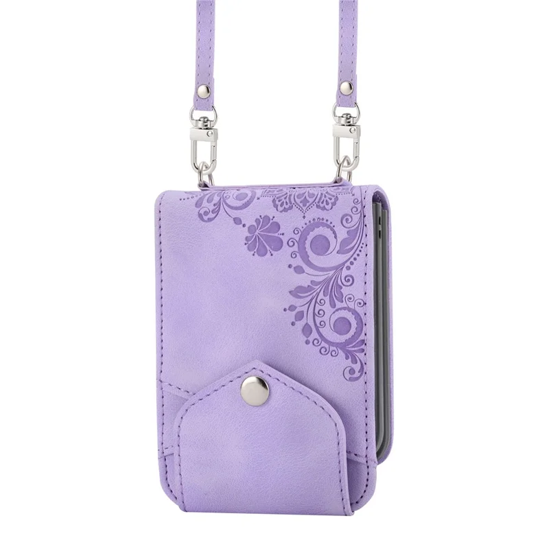 For Samsung Galaxy Z Flip7 FE 5G / Z Flip6 5G Leather Case Multiple Card Slots Phone Cover with Shoulder Strap - Purple