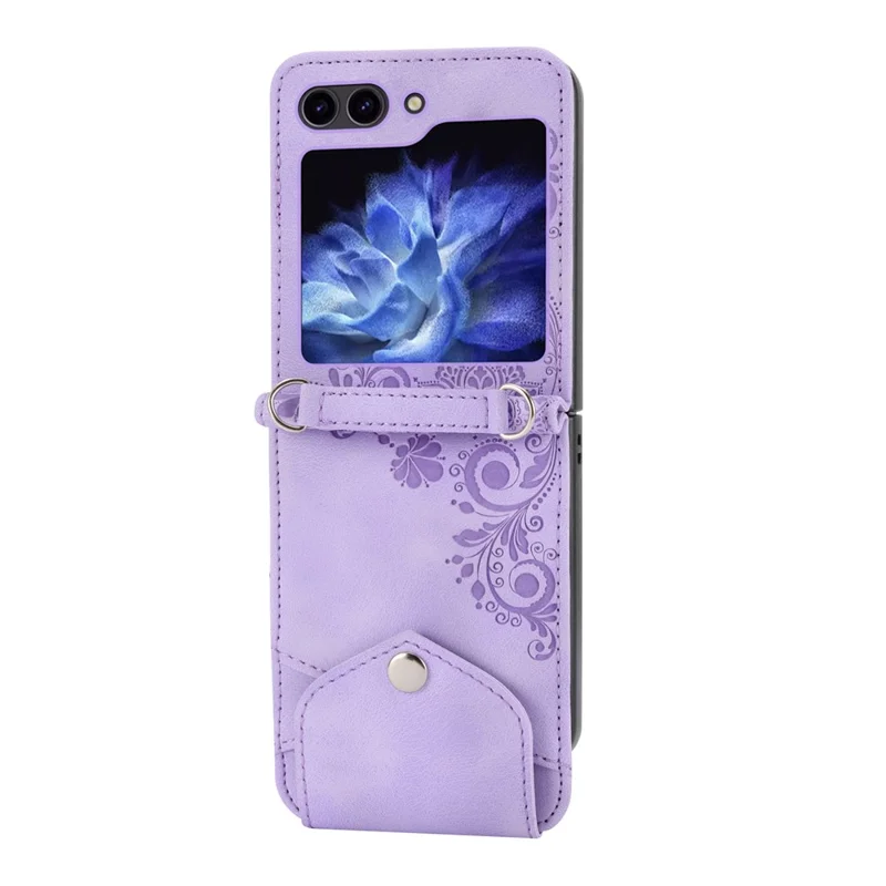 For Samsung Galaxy Z Flip7 FE 5G / Z Flip6 5G Leather Case Multiple Card Slots Phone Cover with Shoulder Strap - Purple