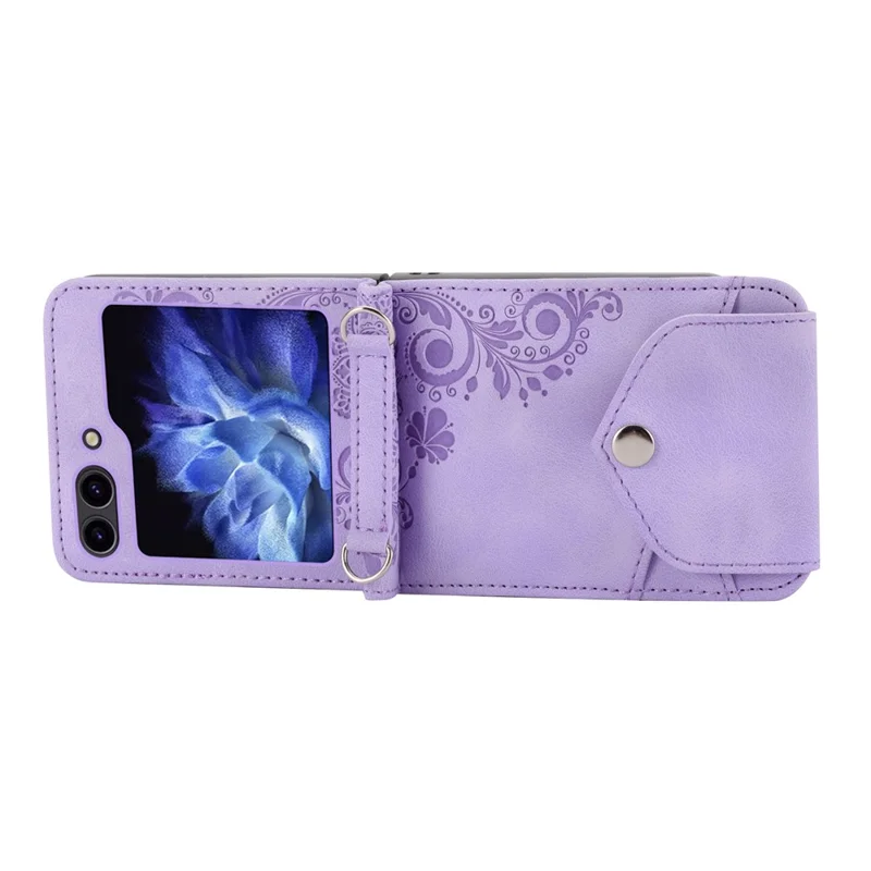 For Samsung Galaxy Z Flip7 FE 5G / Z Flip6 5G Leather Case Multiple Card Slots Phone Cover with Shoulder Strap - Purple