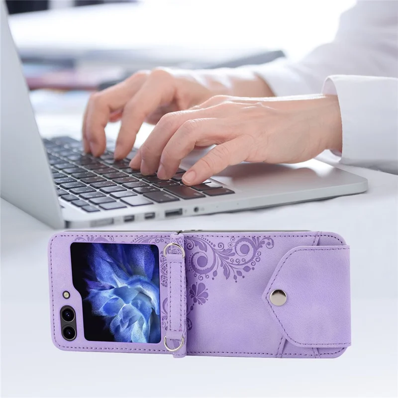 For Samsung Galaxy Z Flip7 FE 5G / Z Flip6 5G Leather Case Multiple Card Slots Phone Cover with Shoulder Strap - Purple