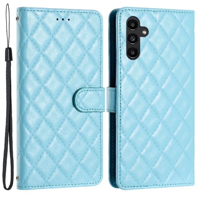 Für Samsung Galaxy S24 FE Hülle Rhombus Muster Leder Wallet Phone Cover mit Trageriemen - Blau