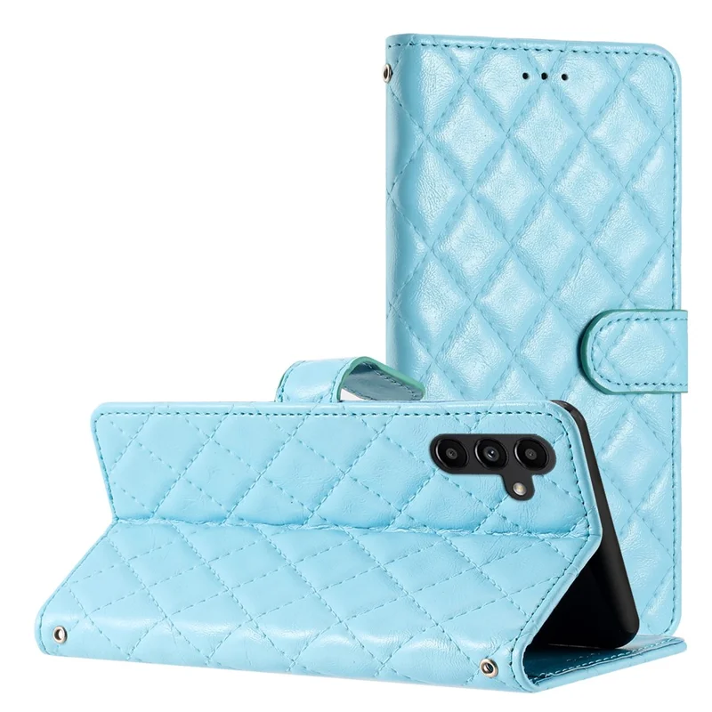 Für Samsung Galaxy S24 FE Hülle Rhombus Muster Leder Wallet Phone Cover mit Trageriemen - Blau