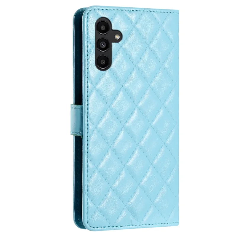 Für Samsung Galaxy S24 FE Hülle Rhombus Muster Leder Wallet Phone Cover mit Trageriemen - Blau