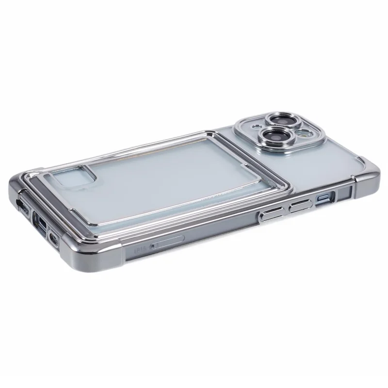 For iPhone 15 Plus Phone Case Card Slot Electroplating TPU Protective Cover - Silver