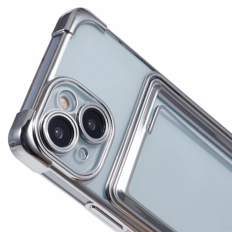 For iPhone 15 Plus Phone Case Card Slot Electroplating TPU Protective Cover - Silver