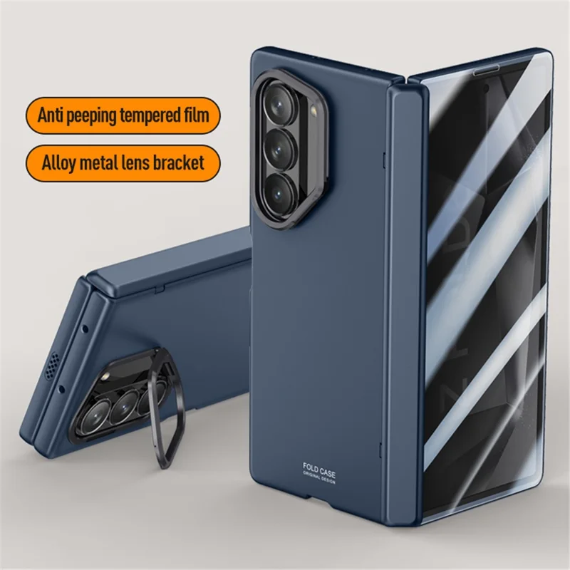 For Samsung Galaxy Z Fold6 5G Case PC Hard Phone Cover with Anti-spy Film, Lens Frame Kickstand - Blue