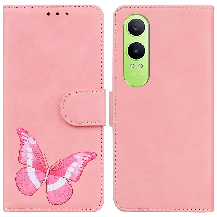For OnePlus Nord CE4 Lite 5G / Oppo K12x 5G (China) Phone Case Butterfly Printed PU Leather Stand Phone Cover - Pink