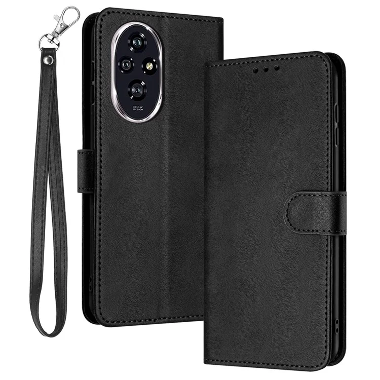 For Honor 200 Pro 5G Case Calf Texture Leather Phone Cover with Wrist Strap - Black