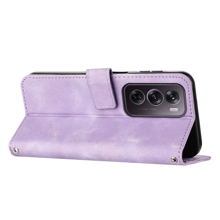 Für Oppo Reno12 Pro 5G (Global) Case Dreieck Leder Handyhülle Geldbörse mit Kreditkartenhalter - Lila