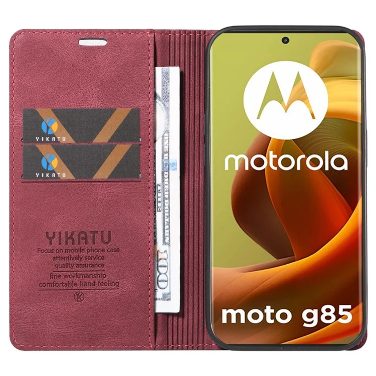 YIKATU YK-004 для Motorola Moto G85 5G / S50 Neo 5G чехол-кошелек из кожи с сенсорным экраном - винно-красный