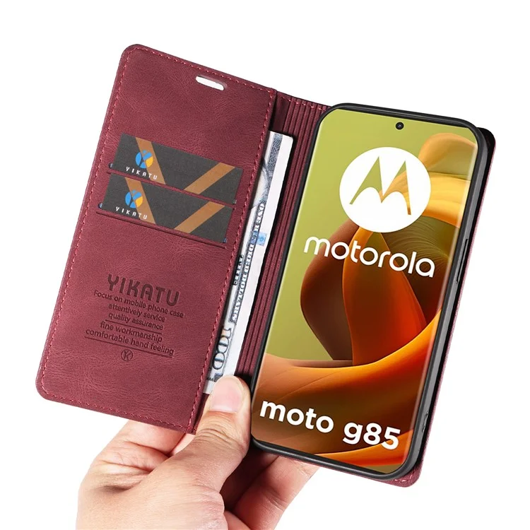 YIKATU YK-004 для Motorola Moto G85 5G / S50 Neo 5G чехол-кошелек из кожи с сенсорным экраном - винно-красный