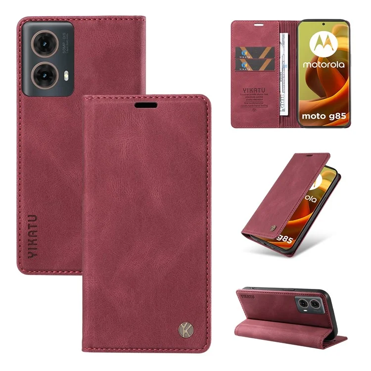 YIKATU YK-004 для Motorola Moto G85 5G / S50 Neo 5G чехол-кошелек из кожи с сенсорным экраном - винно-красный