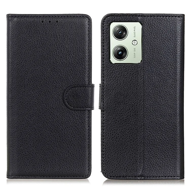 For Motorola Moto G64 5G Stand Case Litchi Texture Leather Wallet Phone Cover - Black