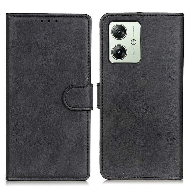 For Motorola Moto G64 5G Case Cowhide Texture Leather Stand Phone Cover - Black