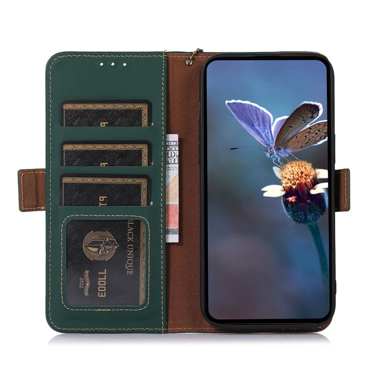 For Motorola Moto G64 5G Phone Case RFID Blocking Textured Genuine Cow Leather Flip Cover - Green