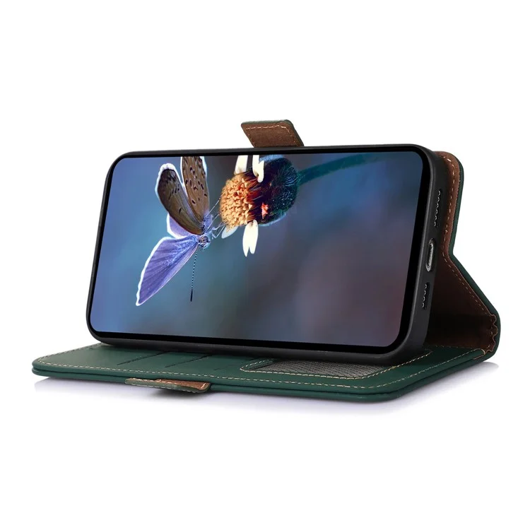 For Motorola Moto G64 5G Phone Case RFID Blocking Textured Genuine Cow Leather Flip Cover - Green