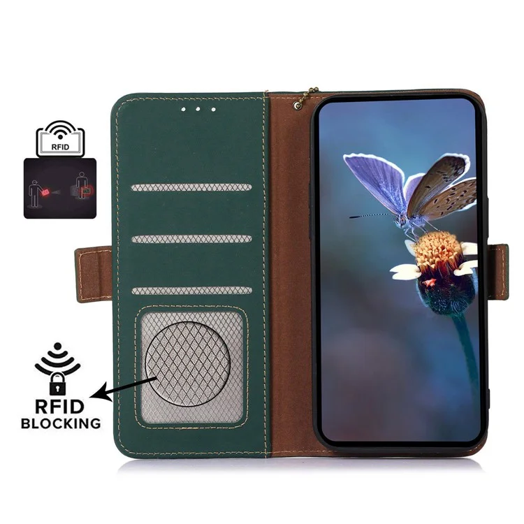 For Motorola Moto G64 5G Phone Case RFID Blocking Textured Genuine Cow Leather Flip Cover - Green