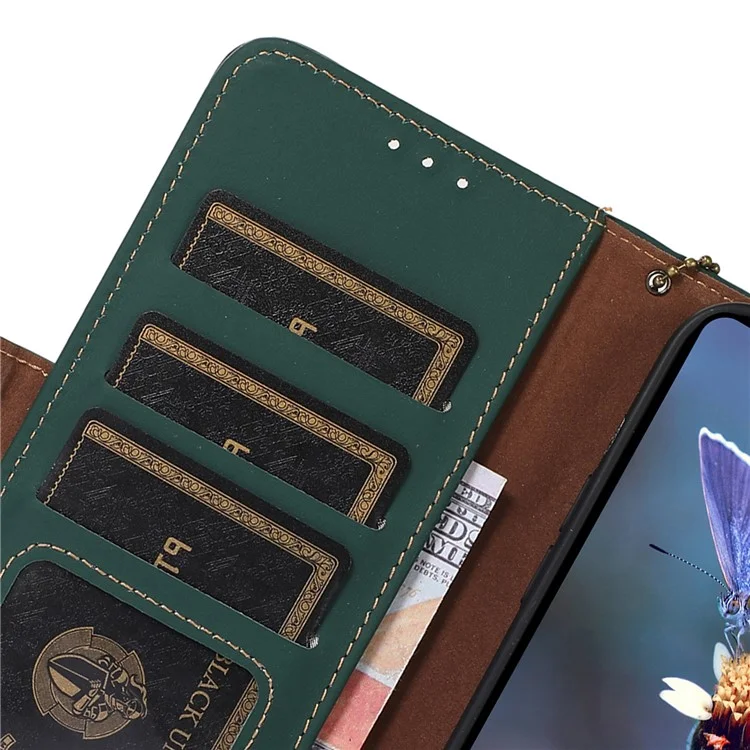 For Motorola Moto G64 5G Phone Case RFID Blocking Textured Genuine Cow Leather Flip Cover - Green