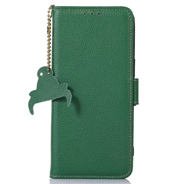 For Motorola Moto G64 5G Phone Case RFID Blocking Textured Genuine Cow Leather Flip Cover - Green