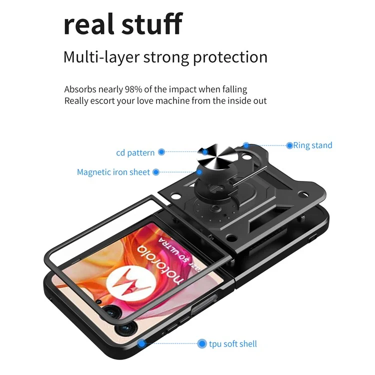 Für Motorola Razr 50 Ultra 5G Kickstand-Hülle PC+TPU Handyhülle mit ausklappbarer Kamera-Abdeckung - Schwarz