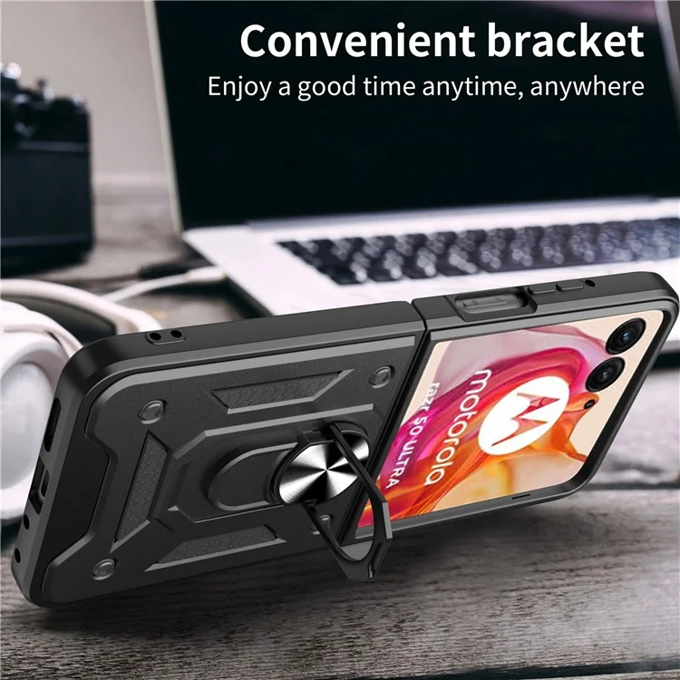 Für Motorola Razr 50 Ultra 5G Kickstand-Hülle PC+TPU Handyhülle mit ausklappbarer Kamera-Abdeckung - Schwarz