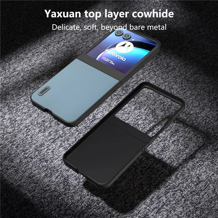 ABEEL Para Motorola Razr 50 5G Funda Piel de Vaca Auténtica PC Cubierta de Teléfono Borde Negro - Azul Cielo