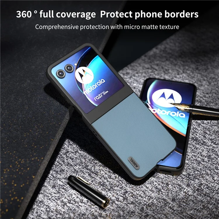 ABEEL Para Motorola Razr 50 5G Funda Piel de Vaca Auténtica PC Cubierta de Teléfono Borde Negro - Azul Cielo