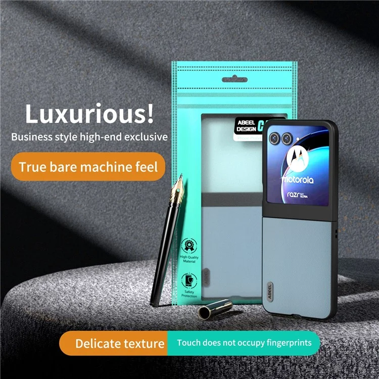 ABEEL Para Motorola Razr 50 5G Funda Piel de Vaca Auténtica PC Cubierta de Teléfono Borde Negro - Azul Cielo
