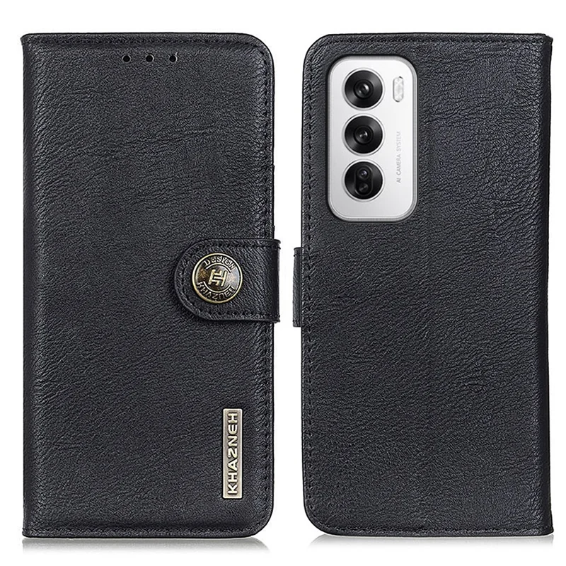 KHAZNEH For Oppo Reno12 5G (Global) Case Cowhide Texture Leather Wallet Stand Cover - Black