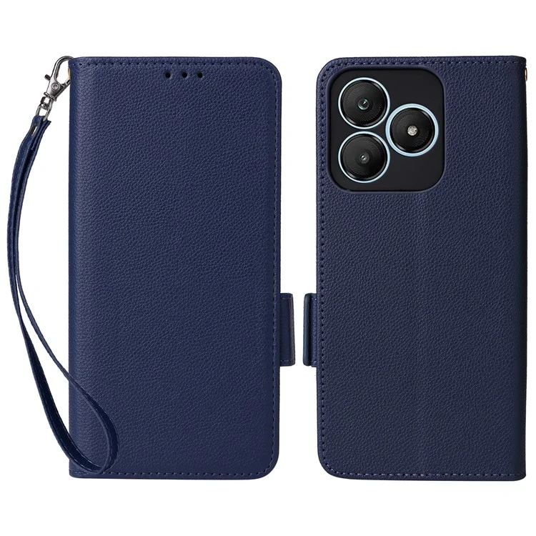 For Wiko T20 Case with Wrist Strap Litchi Texture PU Leather Wallet Phone Cover - Dark Blue