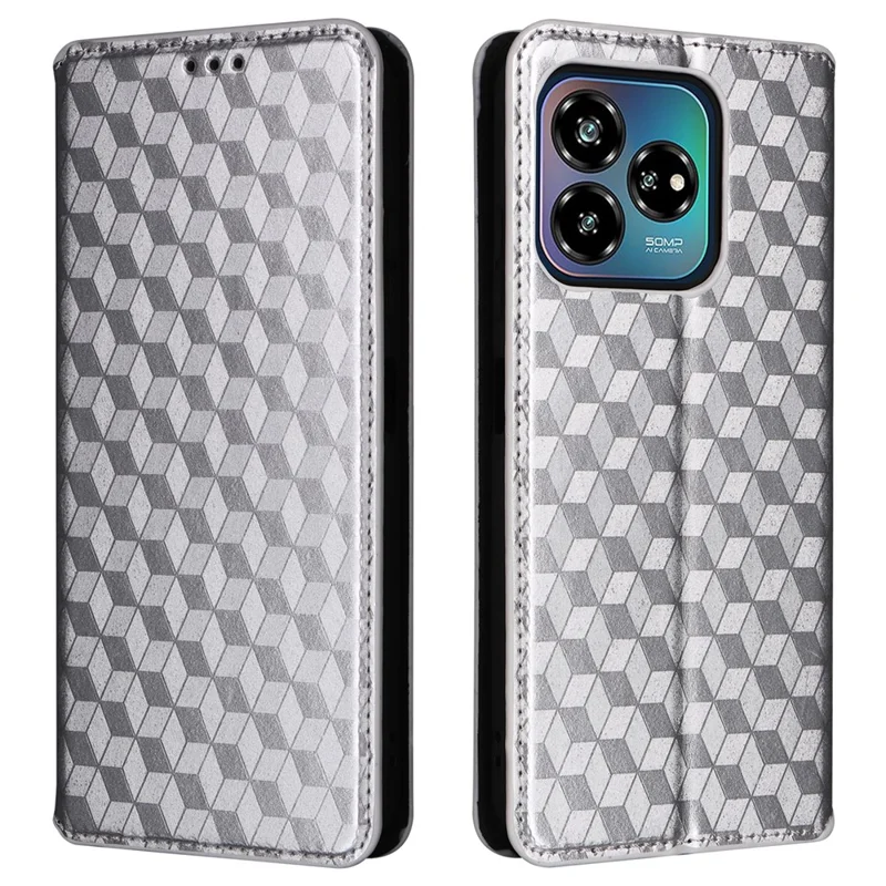 For ZTE Axon 60 Lite  /  Blade V60 Vita Case Leather Wallet Phone Cover Rhombus Imprinted - Silver