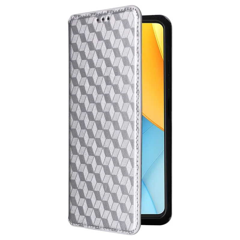 For ZTE Axon 60 Lite  /  Blade V60 Vita Case Leather Wallet Phone Cover Rhombus Imprinted - Silver