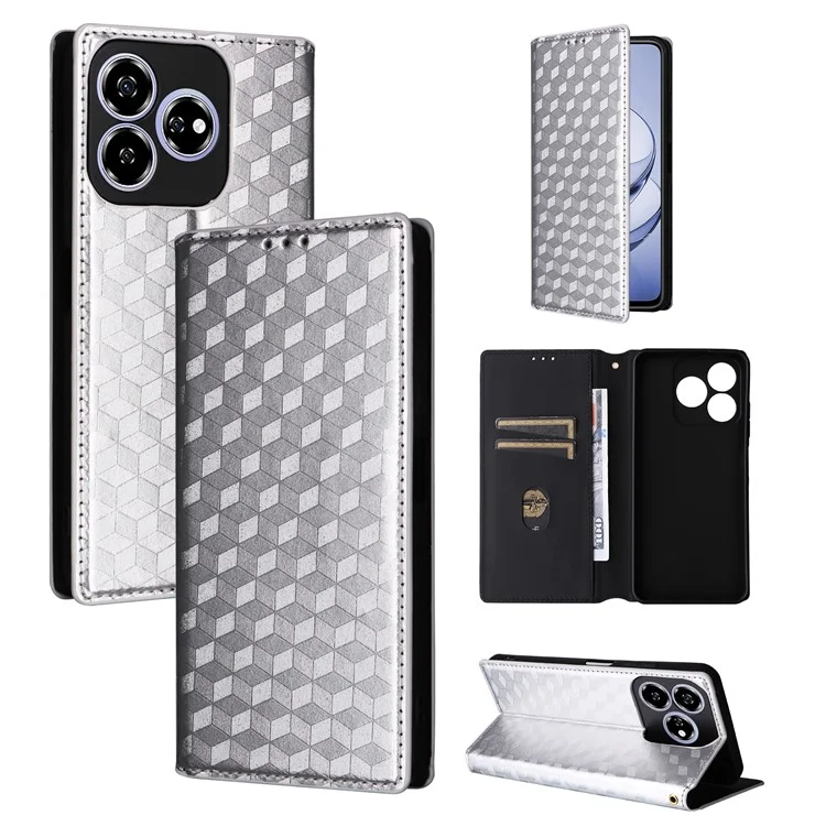 For ZTE Axon 60 (ZTE Blade V60) Case Leather Wallet Phone Cover Rhombus Imprinted - Silver