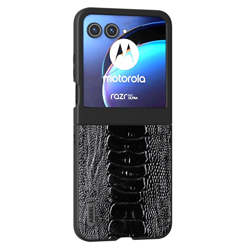 ABEEL For Motorola Razr 50 5G Case Genuine Cow Leather+PC Hard Phone Cover Crocodile Texture - Black