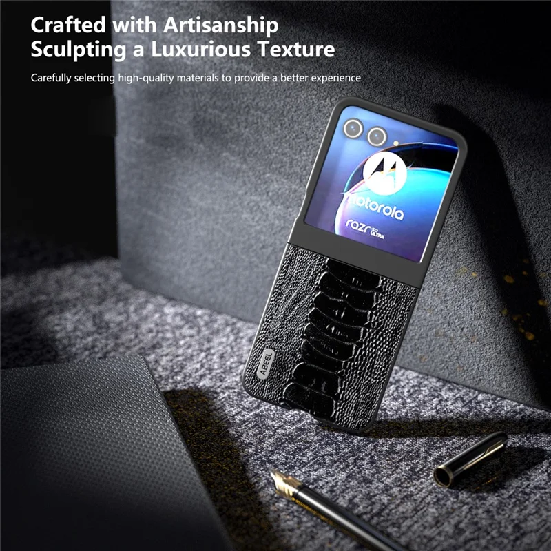 ABEEL For Motorola Razr 50 5G Case Genuine Cow Leather+PC Hard Phone Cover Crocodile Texture - Black