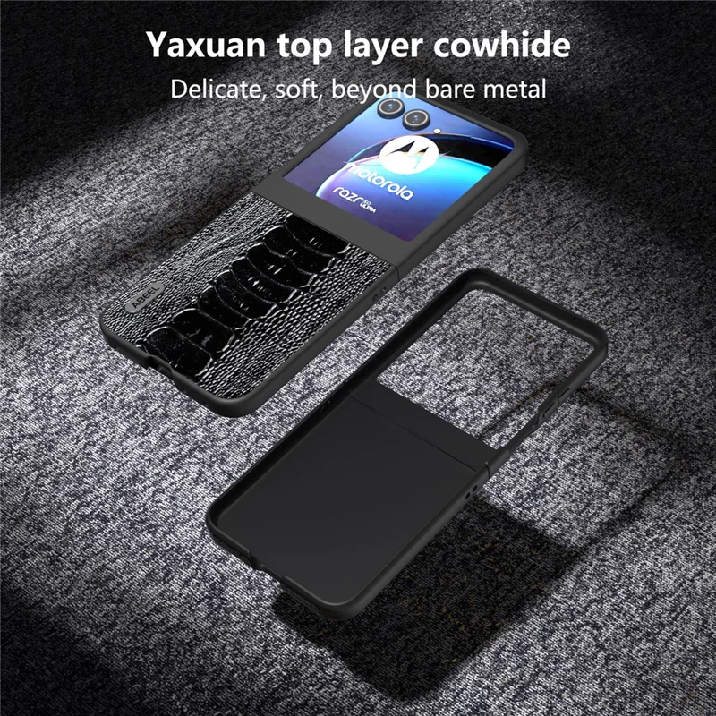 ABEEL For Motorola Razr 50 5G Case Genuine Cow Leather+PC Hard Phone Cover Crocodile Texture - Black