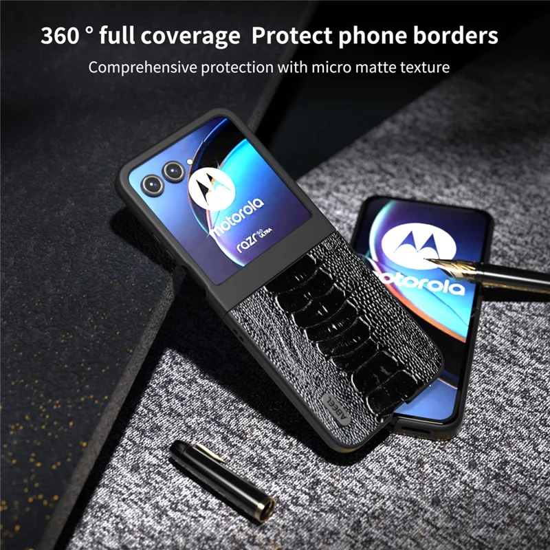 ABEEL For Motorola Razr 50 5G Case Genuine Cow Leather+PC Hard Phone Cover Crocodile Texture - Black