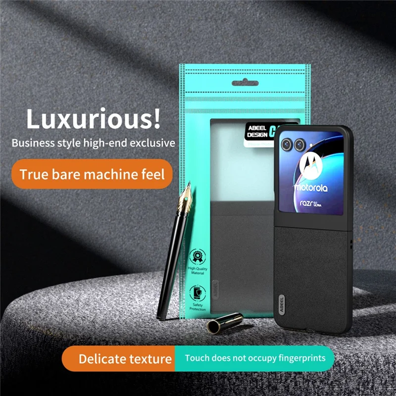 ABEEL For Motorola Razr 50 5G Case Genuine Cow Leather Coated PC Phone Cover - Black