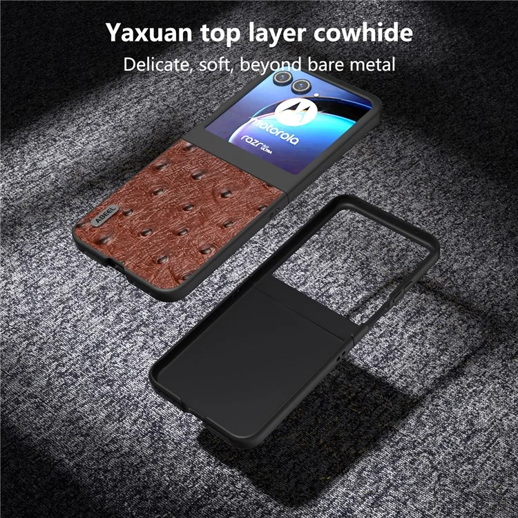 ABEEL For Motorola Razr 50 5G Чехол Ostrich Texture Genuine Cow Leather+PC Phone Cover - Кофе