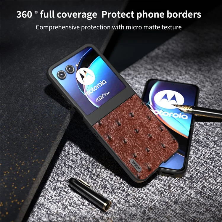 ABEEL For Motorola Razr 50 5G Чехол Ostrich Texture Genuine Cow Leather+PC Phone Cover - Кофе
