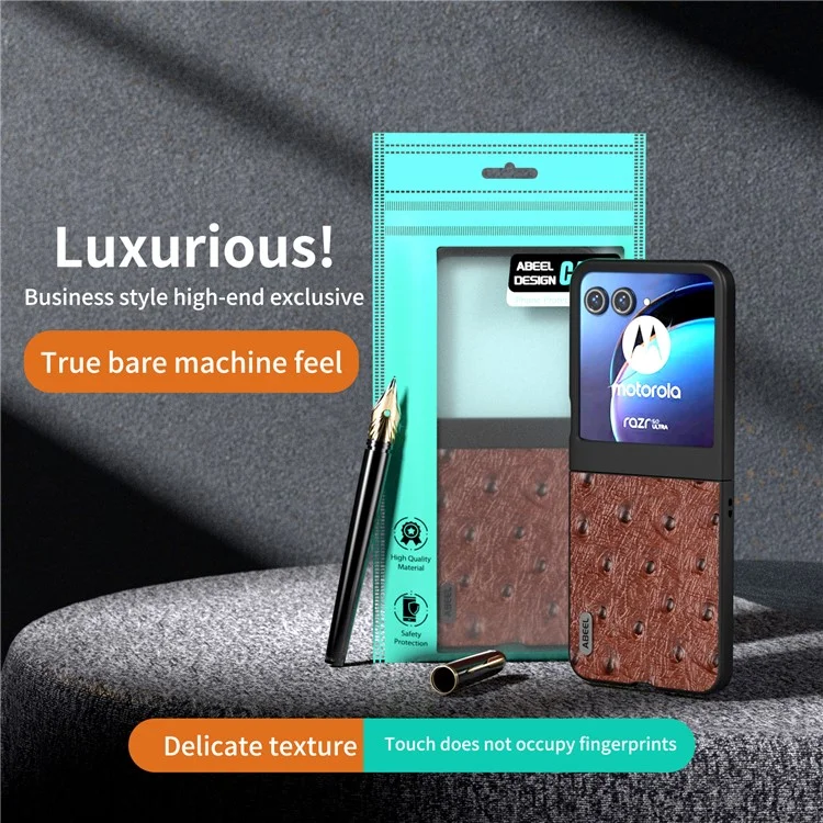 ABEEL For Motorola Razr 50 5G Чехол Ostrich Texture Genuine Cow Leather+PC Phone Cover - Кофе