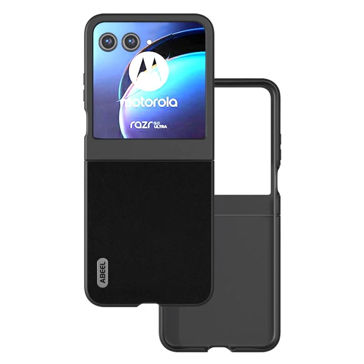 ABEEL For Motorola Razr 50 5G Case Wave Texture Genuine Cow Leather Coated PC Phone Cover - Black