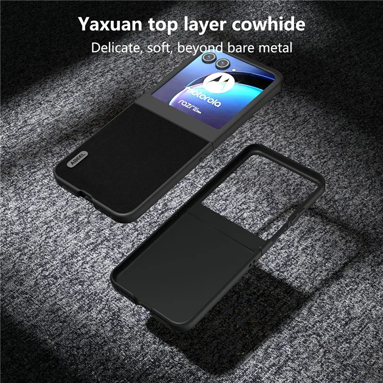 ABEEL For Motorola Razr 50 5G Case Wave Texture Genuine Cow Leather Coated PC Phone Cover - Black
