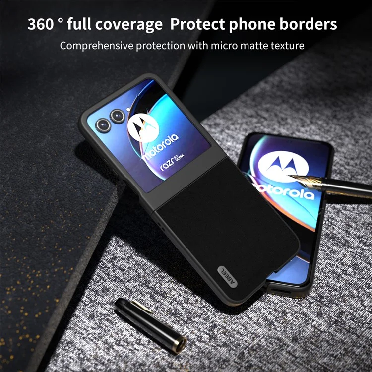 ABEEL For Motorola Razr 50 5G Case Wave Texture Genuine Cow Leather Coated PC Phone Cover - Black