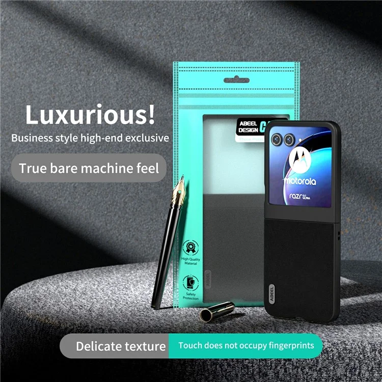 ABEEL For Motorola Razr 50 5G Case Wave Texture Genuine Cow Leather Coated PC Phone Cover - Black