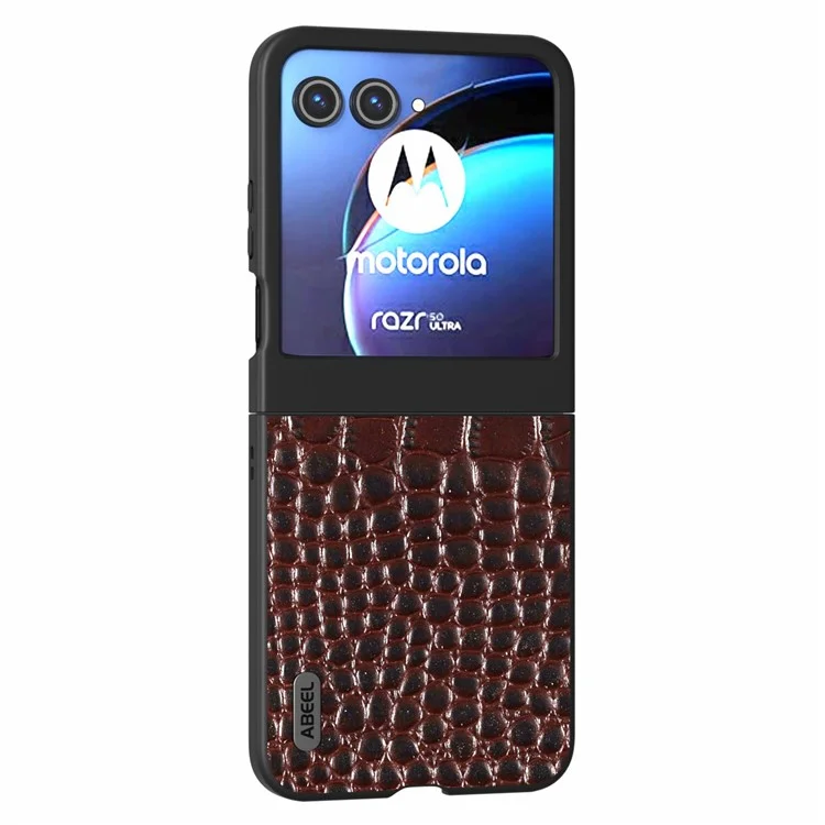 ABEEL For Motorola Razr 50 5G Case Crocodile Texture Genuine Cow Leather+PC Phone Cover - Coffee