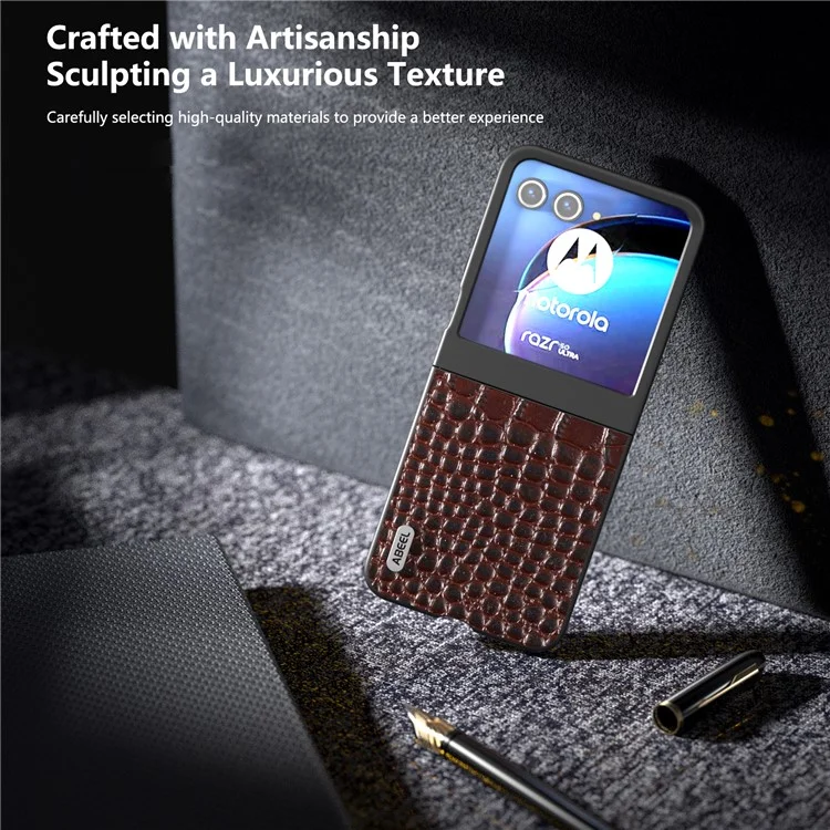 ABEEL For Motorola Razr 50 5G Case Crocodile Texture Genuine Cow Leather+PC Phone Cover - Coffee