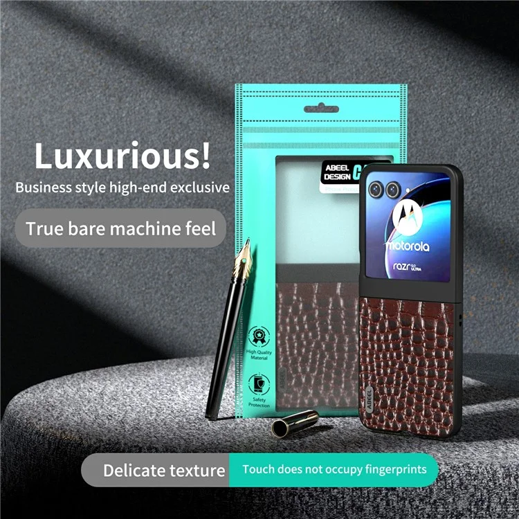 ABEEL For Motorola Razr 50 5G Case Crocodile Texture Genuine Cow Leather+PC Phone Cover - Coffee